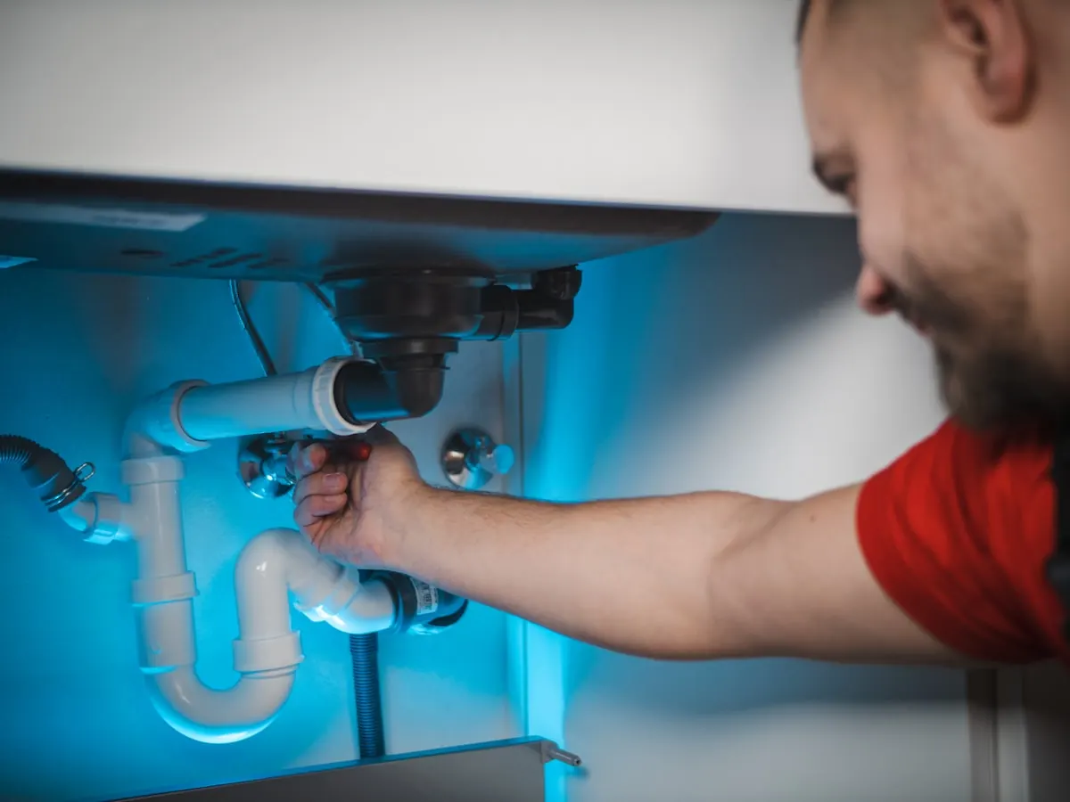 Plumber fitting copper pipework under a kitchen sink
